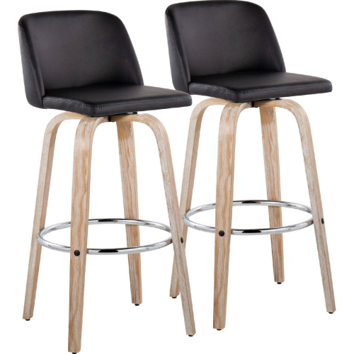 Toriano 30" Swivel Bar Stool White Washed Wood & Black Leatherette with Chrome Footrest (Set of 2)